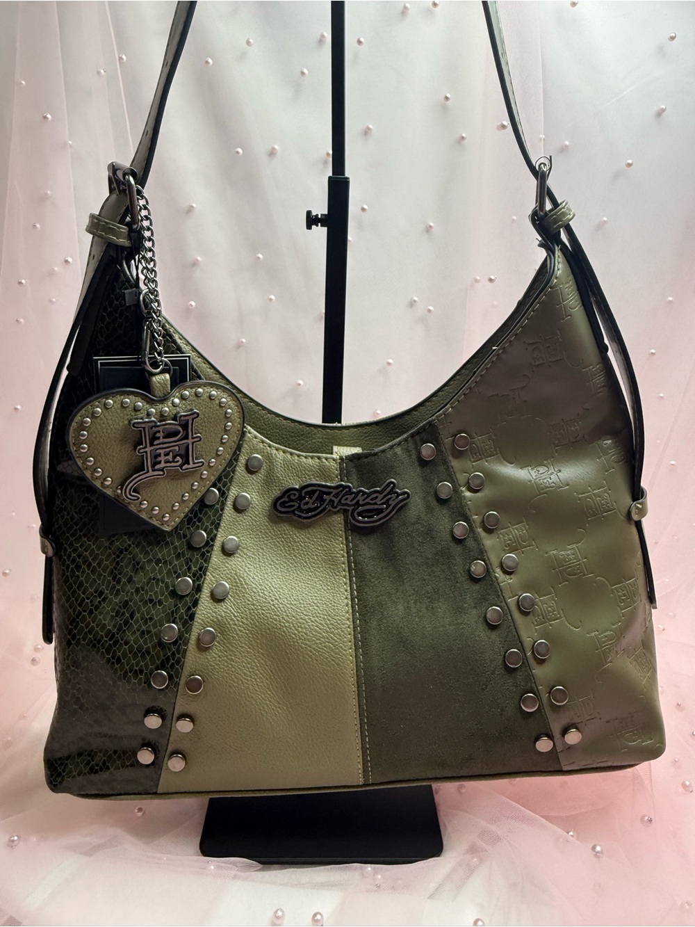 Ed Hardy Green Studded Shoulder Bag